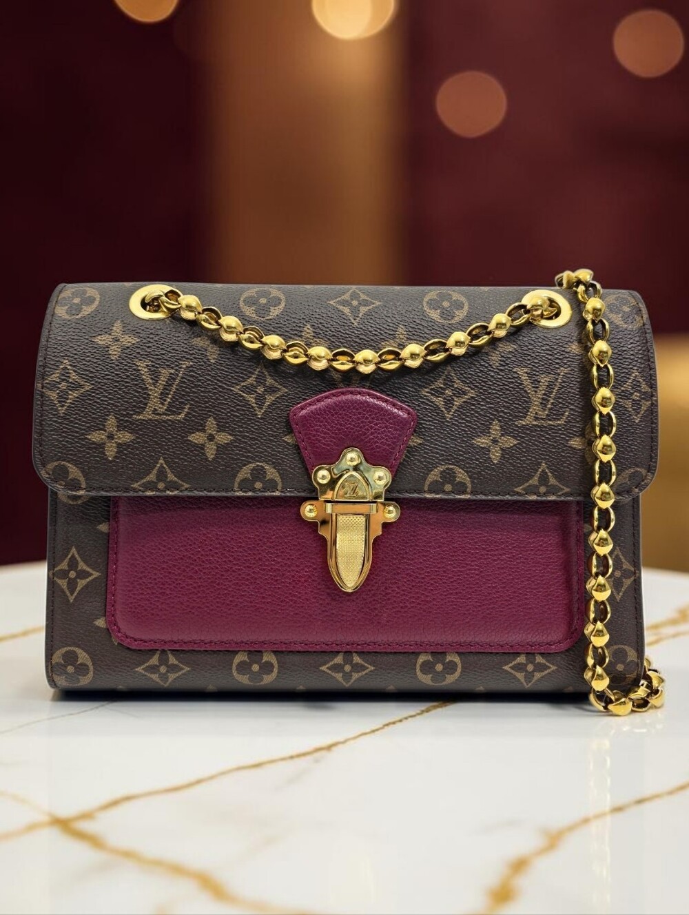 Louis Vuitton Victoire Monogram Chain Flap Bag Burgundy Purple Crossbody Bag